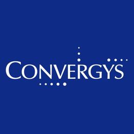 Convergys logo on a blue background with white text and decorative dots.