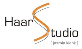 Logo von "Haarstudio Jasmin Klenk" mit stilisiertem Buchstaben "S" in Orange und Grau.