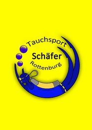 Taucher-Logo mit Schriftzug: "Tauchsport Schäfer Rottenburg" auf gelbem Hintergrund.