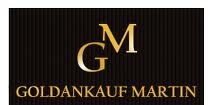 Logo mit Buchstaben „GM“ und Text „Goldankauf Martin“ auf schwarzem Hintergrund.