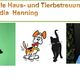 Mobile Haus- und Tierbetreuung, Claudia Henning. Silhouette mit Hund, Comic-Tiere, Frau lächelnd.