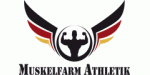 Logo: Schwarze Silhouette eines muskulösen Mannes, Flügel und Text "MuskelFarm Athletik".