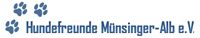 Logo von "Hundefreunde Münsinger-Alb e.V." mit drei blauen Hundepfotenabdrücken.