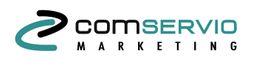 Logo mit dem Text "comservio MARKETING" und einem stilisierten Pfeil in Schwarz und Türkis.