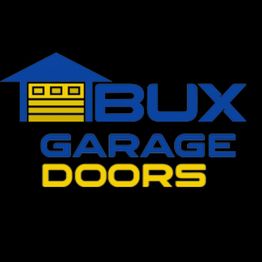 A logo with "BUX GARAGE DOORS" in blue and yellow, featuring a garage icon.