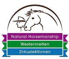 Logo: Pferd und Reiter, Text: Natural Horsemanship, Westernreiten, Zirkuslektionen.
