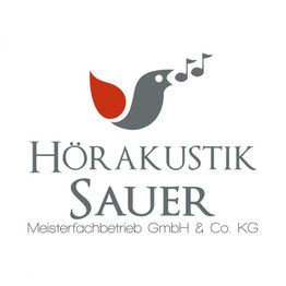 Grafik eines Vogels, der Noten singt, mit dem Text "Hörakustik Sauer Meisterfachbetrieb GmbH & Co. KG".