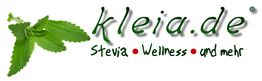 Grünes Stevia-Blatt und Logo "kleia.de" mit Text "Stevia, Wellness und mehr" auf Weiß.