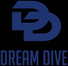 Logotipo azul con letras "DD" sobre el texto "Dream Dive" en fondo negro.