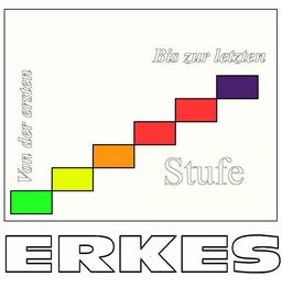 Treppenstufen in Regenbogenfarben, von grün bis violett, mit Text: "Von der ersten zur letzten Stufe".