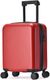 Red wheeled suitcase with a retractable handle, standing upright on four wheels.