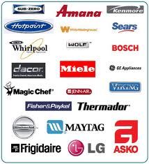 Collage of various appliance brand logos, including Whirlpool, Bosch, LG, Samsung, and more.