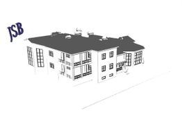 Gebäudezeichnung mit mehreren Etagen und Balkonen, daneben blauer Text "JSB".