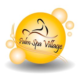 Gelbes Kreissymbol mit "Palm Spa Village" Schriftzug und geschwungener Linie, umgeben von Blasen.