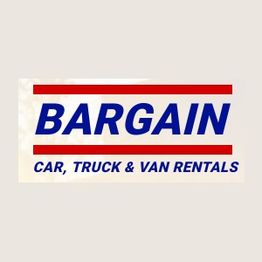 Bargain rental service sign for cars, trucks, and vans with red and blue text.