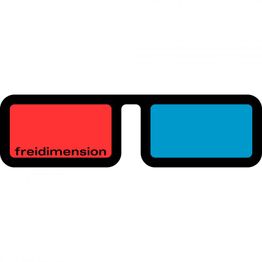 3D-Brille mit roten und blauen Gläsern und dem Text "freidimension".