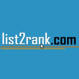 Blue logo with text "list2rank.com" and a cursor pointing at the text.