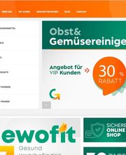 Website mit Menü, Rabattangebot für Obst- und Gemüsereiniger, 30% Rabatt für VIP-Kunden.