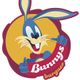 Coelho azul sorrindo com laço vermelho ao redor do pescoço, texto "Bunnys burguer".