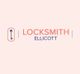 Logo with text "LOCKSMITH ELLICOTT" and a blue key with arrow in an oval on a peach background.