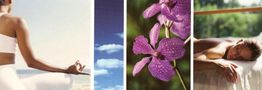Person meditiert, Himmel mit Wolken, lila Blume, ruhende Person auf Bett im Freien.