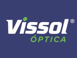 Logotipo da Vissol Óptica com fundo azul escuro e texto em branco e verde.