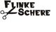 Der Text "FLINKE SCHERE" in stilisierter Schrift, mit einer Schere als Teil des Buchstabens "K".
