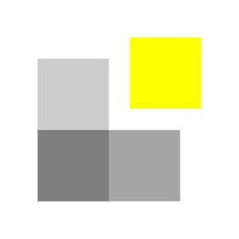 Drei graue Quadrate unten, ein gelbes Quadrat oben rechts, auf weißem Hintergrund.