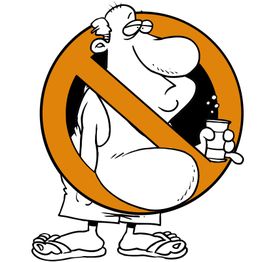 Mann mit großem Bauch und Getränk, durchgestrichen mit einem orangefarbenen Verbotssymbol.