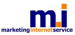Logo mit blauer Aufschrift "m.i" und darunter "marketing internet service" in Blau und Orange.