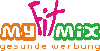 Buntes Logo mit Text "my fit mix" in Orange und Grün, darüber Figur. Unten: "gesunde werbung".