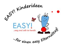 Illustration mit Text: "EASY! Kinderideen" und "für einen easy Elternalltag", Cartoon-Figur mit Schmetterling.