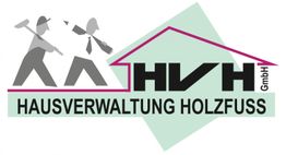 Logo der "Hausverwaltung Holzfuss GmbH" mit Dachgrafik und stilisierten Figuren mit Werkzeug.