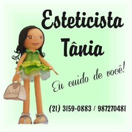 Boneca representando esteticista Tânia com os dizeres: "Eu cuido de você!". Contato por telefone.