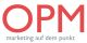 Logo mit rotem Text "OPM" und darunter kleinem Text "marketing auf dem punkt".