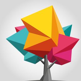 Geometrischer Baum mit bunten, dreidimensionalen Formen als Blätter auf grauem Hintergrund.