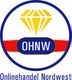 Logo mit gelbem Diamant, rotem Band und Text "OHNW" sowie "Onlinehandel Nordwest".