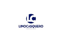 Logotipo de Linocasquero Construcciones, con diseño azul sobre fondo blanco.