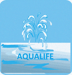 Logo con fontana stilizzata sopra la scritta "Aqualife" su sfondo blu chiaro.