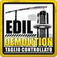 Gru e edificio in demolizione, scritta: "EDIL DEMOLITION TAGLIO CONTROLLATO".