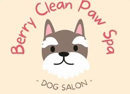 Cartoon dog logo for "Berry Clean Paw Spa Dog Salon" with pink lettering.