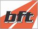 bft-Logo auf weißem Hintergrund mit diagonalem, orangefarbenem Streifen im Hintergrund.