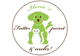 Logo mit grünem Hund, Katze und Maus, Text: "Ilona's Futter point & mehr!"