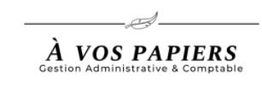Logo "À Vos Papiers" avec une plume, gestion administrative et comptable.