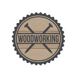 Woodworking logo with crossed nails on a wood-textured circle and a black jagged edge.