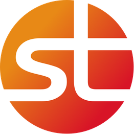 Logo con letras "st" en blanco sobre fondo circular degradado del naranja al rojo.
