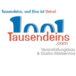 Logo von Tausendeins.com, Text: "Tausendeins, und Eins ist Deins!", Mietservice für Veranstaltungen.
