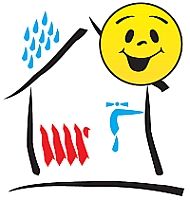 Strichzeichnung eines Hauses mit Sonne, Regentropfen, Heizkörper und Wasserhahn.