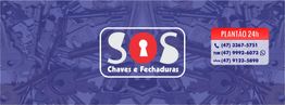Logo da SOS Chaves e Fechaduras, com contatos e serviço 24h em fundo azul com imagens de chaves.
