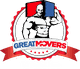 Logo with a muscular figure carrying a box, reads "GREAT MOVERS" and "The Perfect Move".